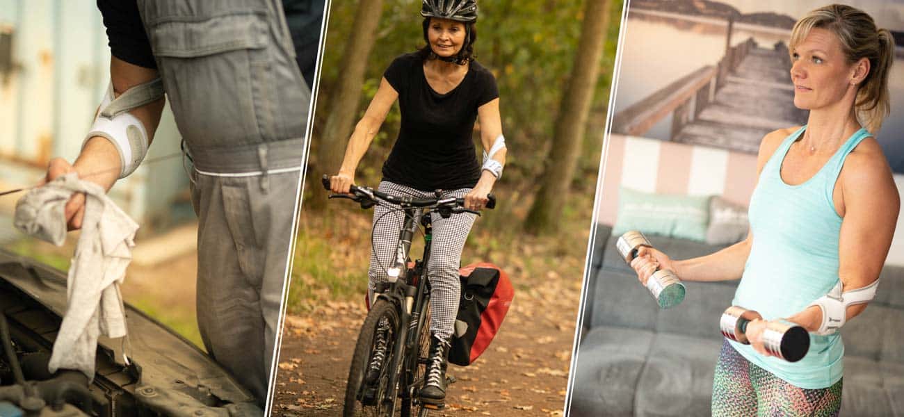Masalo Manschette gegen Tennisarm wird in einer Collage von einer Fahrradfahrerin, beim Staubsaugen und beim Sport getragen